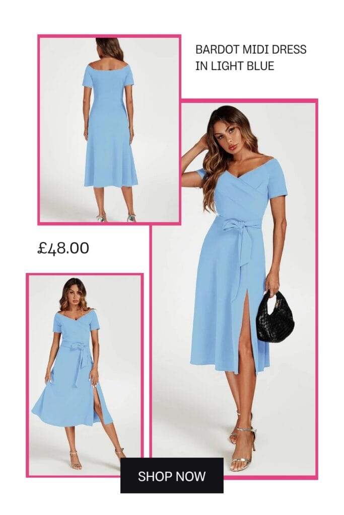 Bardot midi dress in light blue by FS Collection, elegant wedding guest dress under £50