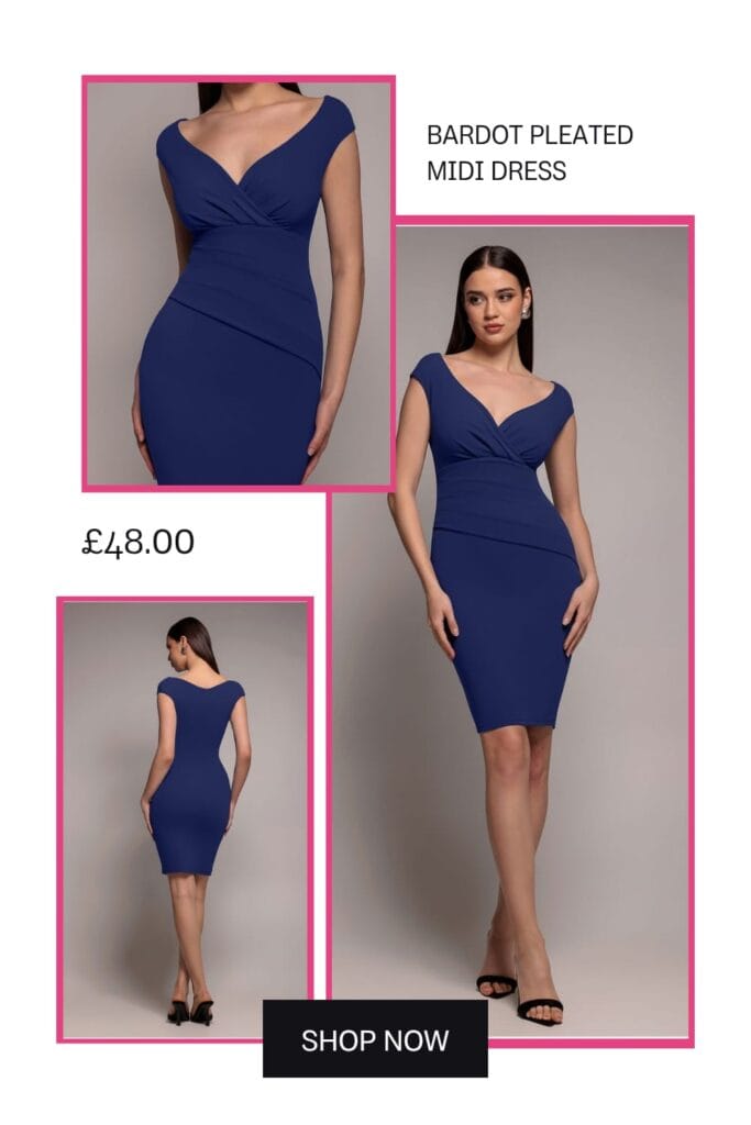 Bardot pleated midi dress in navy, elegant formal midi dress for women under £50