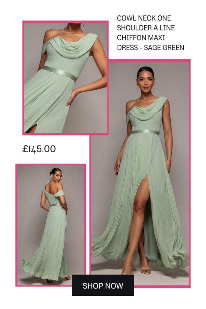 Sage green cowl neck one-shoulder A-line chiffon maxi dress for spring wedding guest 2026
