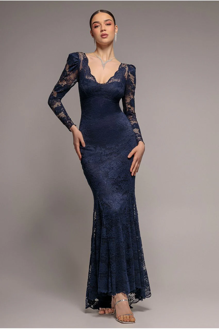 Elegant navy blue fit and flare scallop lace v neck maxi dress for formal evening wear.