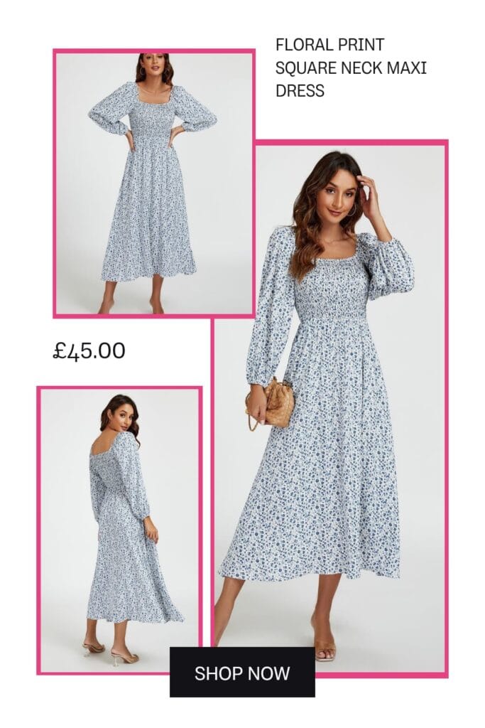 Floral print square neck maxi dress in light blue, budget-friendly summer maxi dress for women under £50