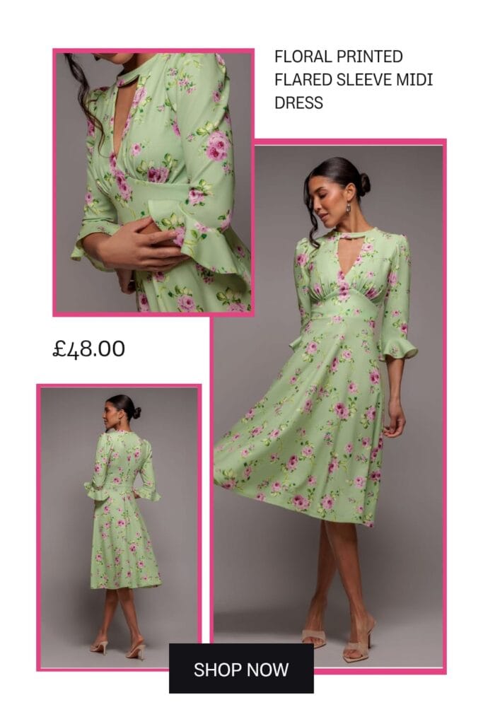 Floral printed flared sleeve midi dress in sage green, chic summer garden party dress under £50