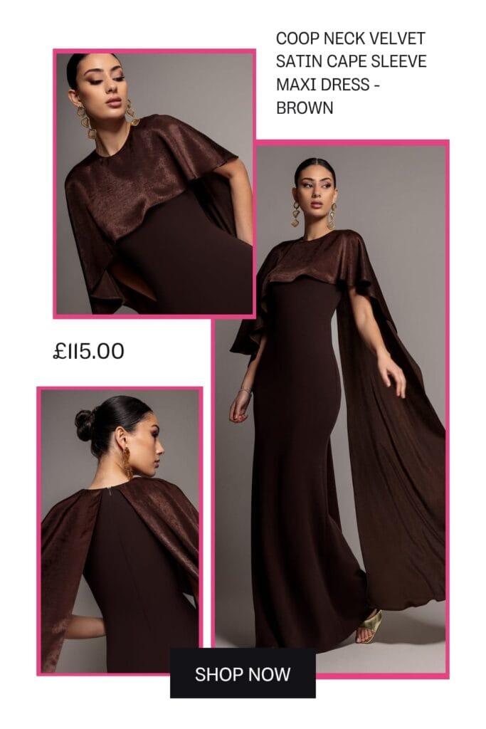 Browb coop neck cape-sleeve maxi dress for formal spring wedding guest 2026