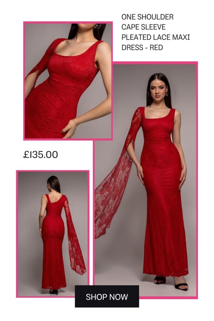 Red one-shoulder cape-sleeve pleated lace maxi dress for formal evening wedding guest 2026