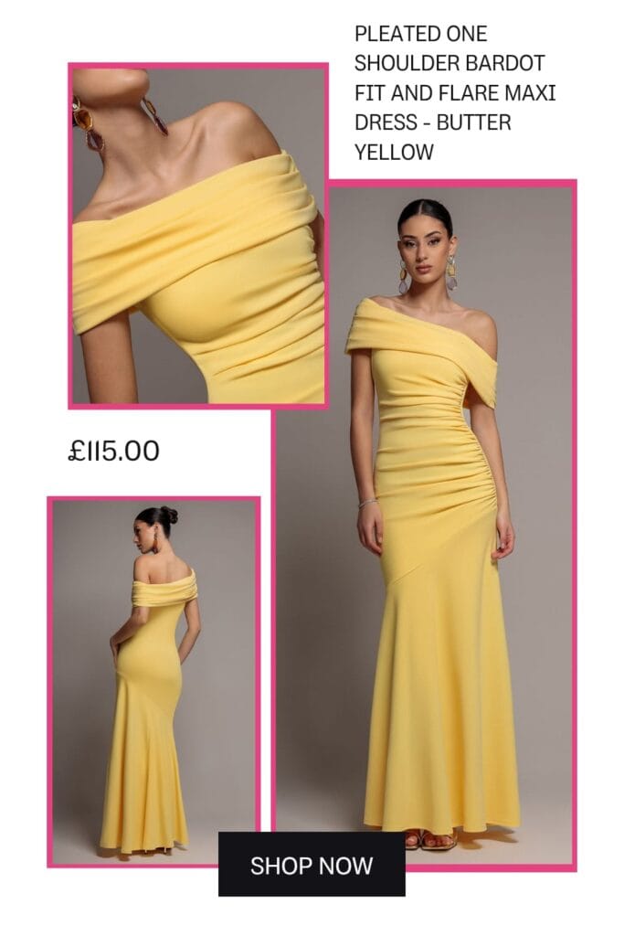 Butter yellow one-shoulder pleated maxi dress for summer weddings 2026 – Shop elegant pastel fashion
