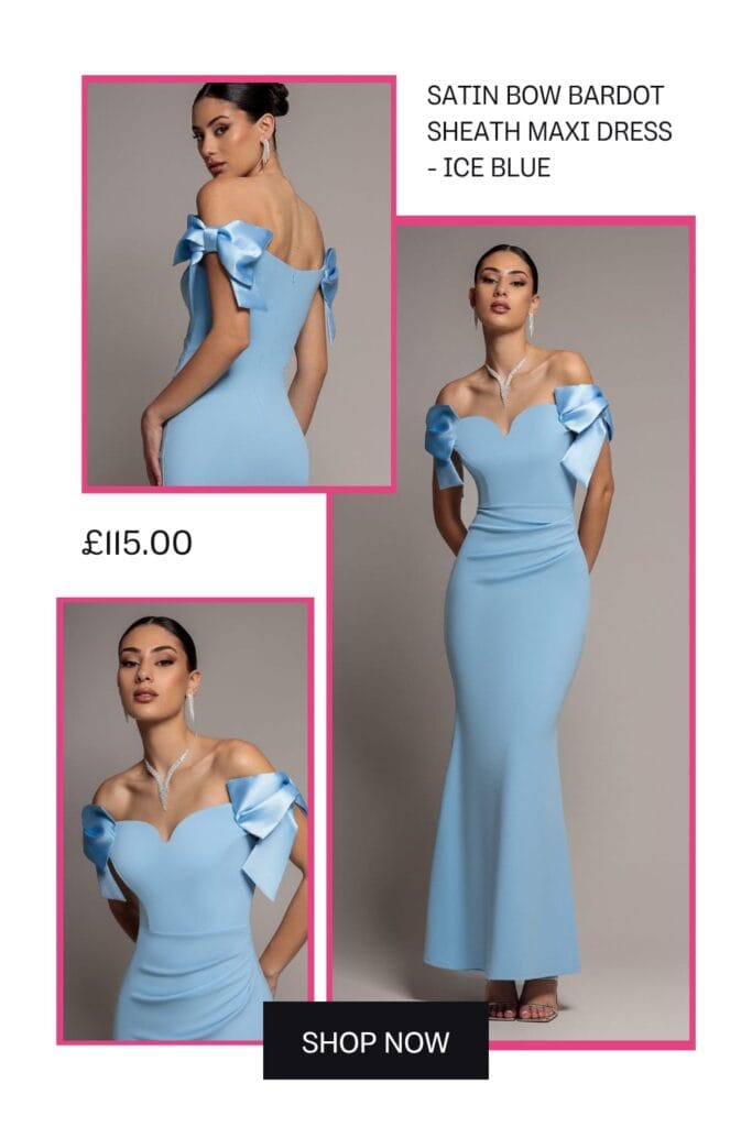 Ice blue satin bardot sheath maxi dress with bow detail for formal spring events 2026