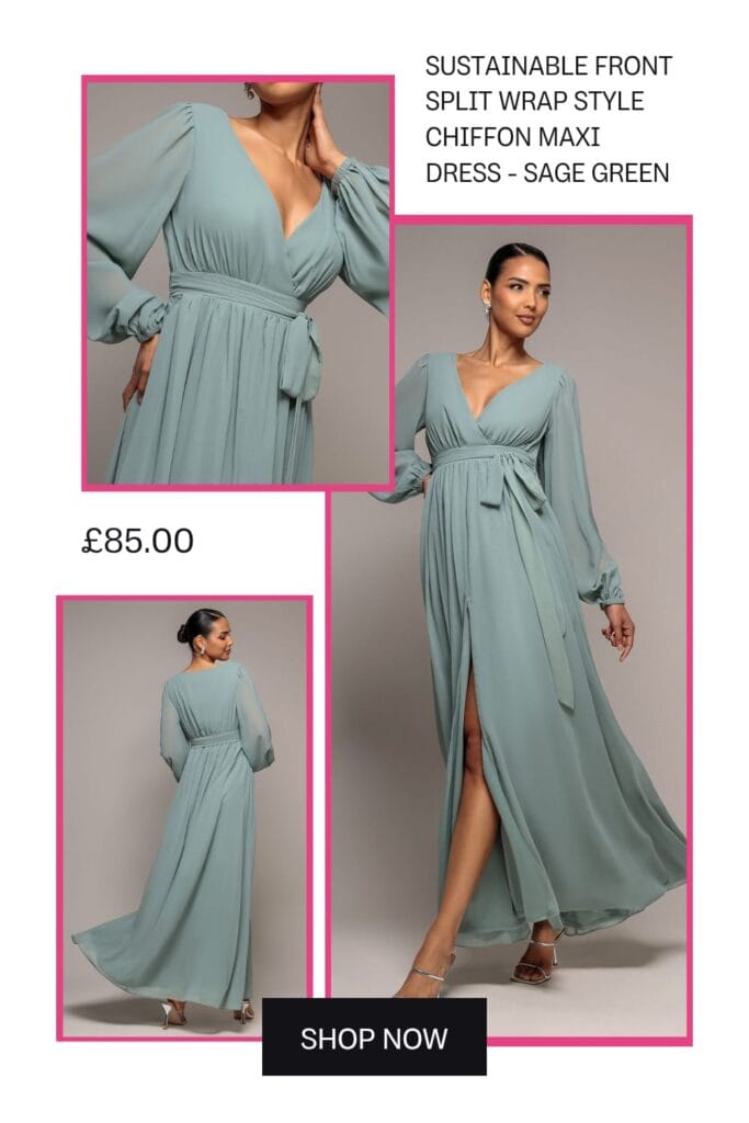 Sustainable sage green wrap style chiffon maxi dress with front split for spring 2026 events