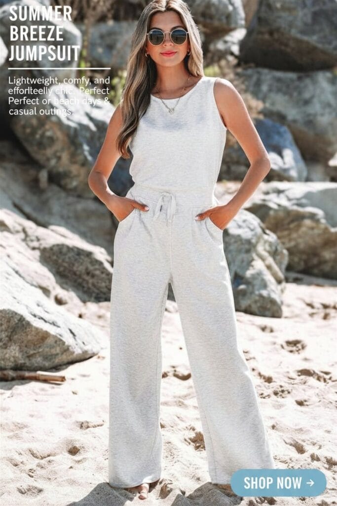 Shop the Addilyn sleeveless drawstring jumpsuit, buy trendy high-waist summer jumpsuits for women, stylish casual summer outfits online, comfortable breathable jumpsuits for hot weather.
