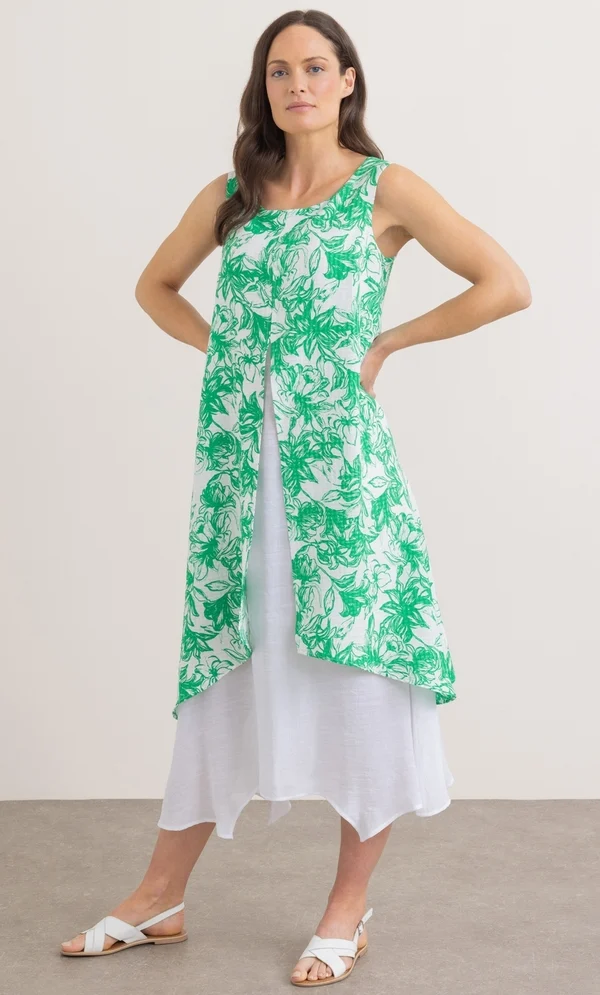 15 Stunning Trendy Summer Dresses Ideas To Elevate Your Style In 2026 11 A model showcasing the green and white Botanical Print Layered Sleeveless Midi Dress featuring a sleeveless cut, dipped hem, and botanical leaf print for warm-weather dressing.