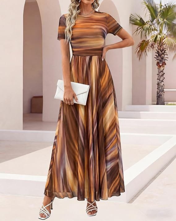 Best Summer Dresses 2026 You Need in Your Wardrobe 13 A model wearing the BTFBM Summer Dresses for Women 2026 Formal Short Sleeve Homecoming Dress in floral brown, featuring a crew neck, short sleeves, and a flowy mesh skirt for warm-weather fashion.