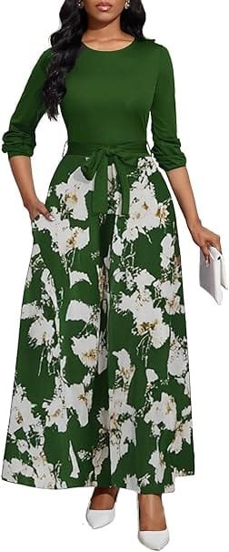 Best Stylish Dresses Under $40 to Refresh Your Wardrobe This Year 13 Front view of a model wearing a BubFee long sleeve casual floral maxi dress with an empire waist and matching belt, highlighting stylish work-to-weekend apparel and affordable dresses under $40.