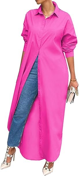 Best Stylish Dresses Under $40 to Refresh Your Wardrobe This Year 8 Front view of a model wearing a vibrant pink Choichic button-down casual long sleeve maxi shirt dress with an open side split over jeans, showcasing trendy outfits and stylish dresses under $40.
