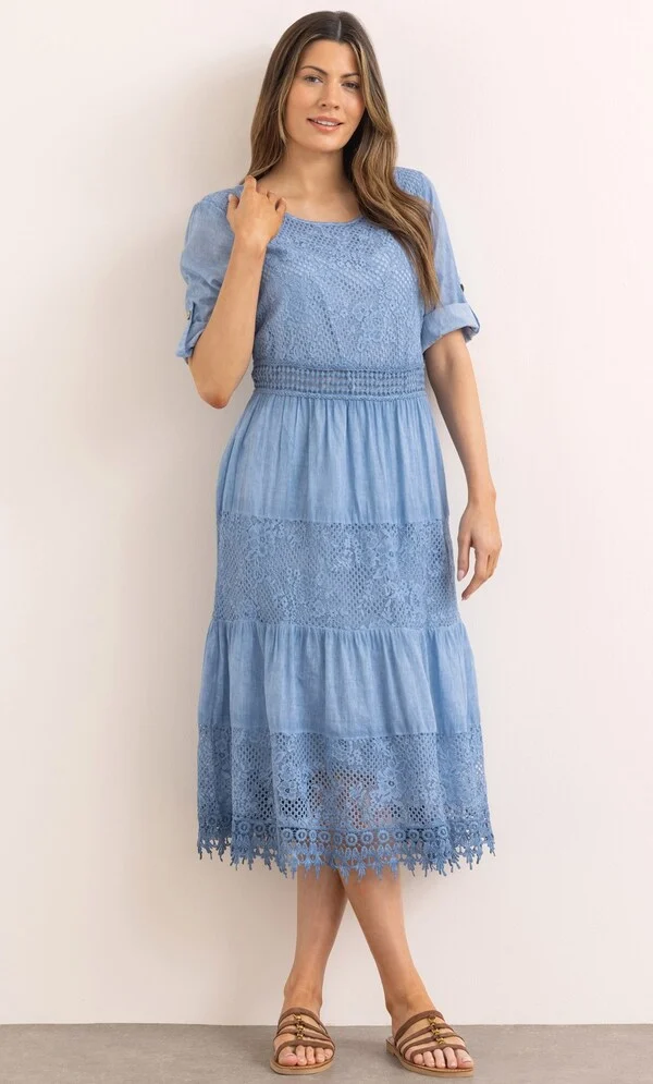 15 Stunning Trendy Summer Dresses Ideas To Elevate Your Style In 2026 2 A smiling model wearing a blue Cotton Blend Boho Midi Dress featuring delicate lace details and three-quarter sleeves, perfect for casual summer styling.