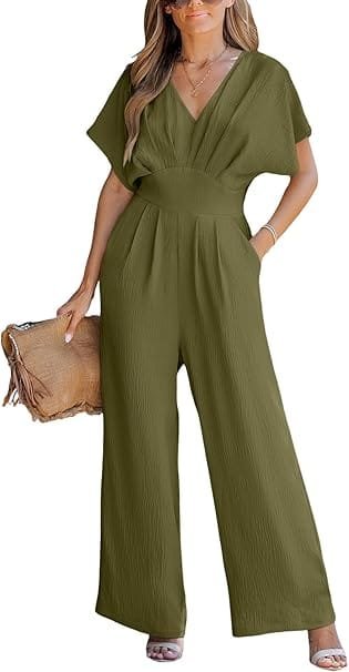 Best Stylish Dresses Under $40 to Refresh Your Wardrobe This Year 6 Front view of a woman wearing a CUPSHE dark green one-piece wide leg jumpsuit with batwing sleeves, highlighting chic vacation outfits and stylish alternatives to dresses under $40.