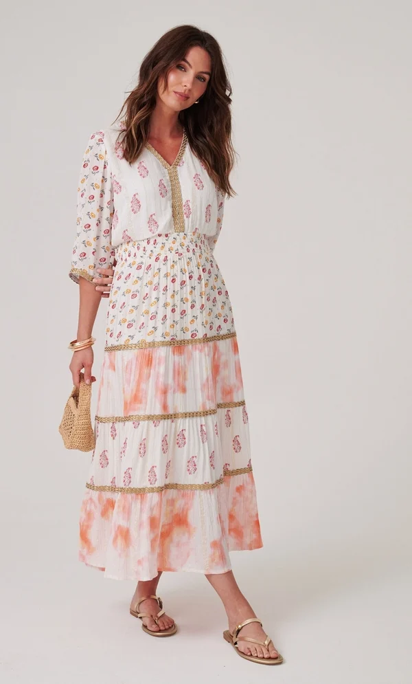 15 Stunning Trendy Summer Dresses Ideas To Elevate Your Style In 2026 12 A model wearing the white and light gold Floral Printed Folk Style Maxi Dress featuring a V-neckline, subtle metallic threading, and a flowy tiered silhouette for warm-weather styling.