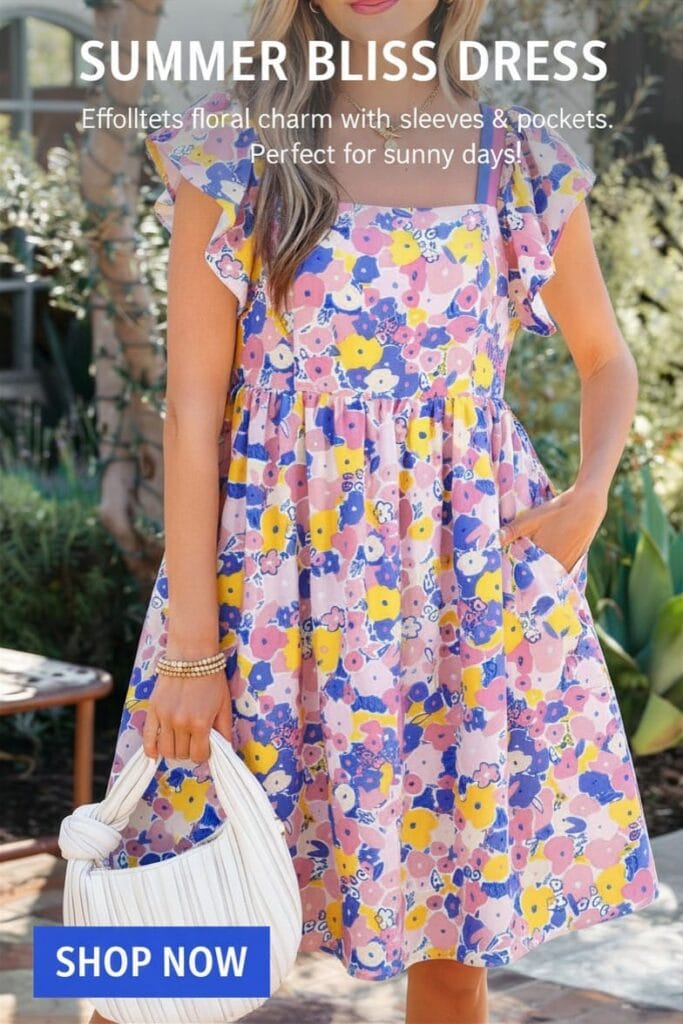 A woman wearing a colorful floral print mini dress with a square neckline, flutter sleeves, and contrasting striped details, styled for a casual summer outfit or beach vacation.