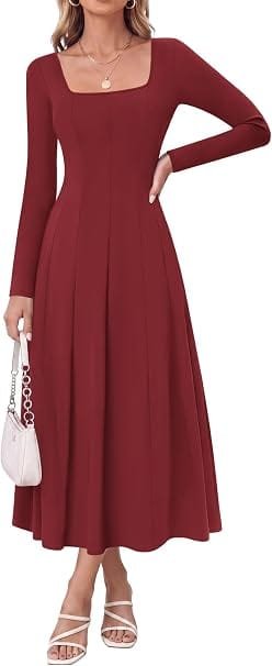 Best Summer Dresses 2026 You Need in Your Wardrobe 16 A model wearing the GRACE KARIN 2026 Womens Cotton Fall Wedding Guest Midi Dress with Pockets in wine red, featuring a square neck, long sleeves, pockets, and an A-line silhouette for warm-weather fashion.