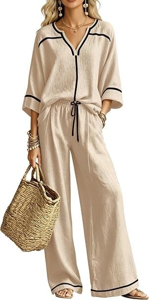 A fashion model wearing the apricot GUNEST Womens 2 Piece Sets Linen Blend Casual Matching Wide Leg Pants Sets with black contrast piping, perfect for a polished fall casual aesthetics outfit.