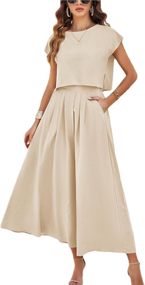 Best Stylish Dresses Under $40 to Refresh Your Wardrobe This Year 18 Front view of a model wearing the HangNiFang khaki 2-piece summer skirt set featuring a cap-sleeve top and elastic waist maxi skirt with pockets, highlighting trendy resort and vacation outfits under $40.
