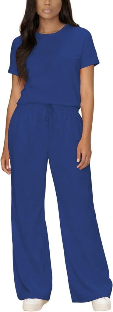 Best Stylish Dresses Under $40 to Refresh Your Wardrobe This Year 12 Front view of a model wearing the HBQ women's 2-piece short sleeve top and wide-leg pants set in blue, showcasing casual lounge and travel outfits under $40.