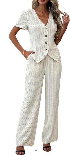 A fashion model wearing the striped beige heipeiwa Women's Linen 2 Piece Outfits Summer Short Sleeve V Neck Shirts Dressy Casual Sets Wide Leg Pant Suits paired with dress sandals, showcasing a refined casual aesthetics outfit. aesthatic casual outfits
