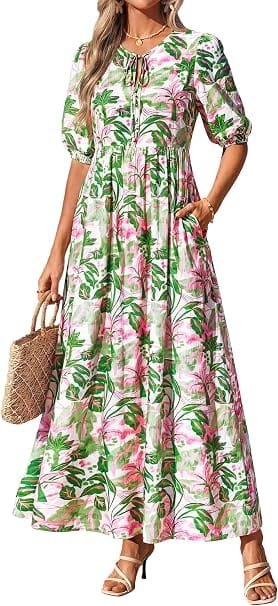 Best Summer Dresses 2026 You Need in Your Wardrobe 3 A model wearing the green KIRUNDO Maxi Dresses for Women 2026 3/4 Sleeve Summer Dress featuring a drawstring neckline, lantern sleeves, and a flowy floral print for warm-weather fashion. summer 2026 dresses