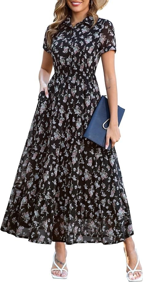 Best Summer Dresses 2026 You Need in Your Wardrobe 4 A model wearing the Kranda Women 2026 Summer Collared V-Neck Chiffon Maxi Dress in navy floral, featuring a collared neckline, short sleeves, button details, and functional pockets for warm-weather fashion.