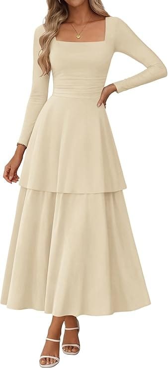 A model showcasing the apricot Lazysmile Women's Corset Long Sleeve Square Neck Ruffle Maxi Dress with a ruched waist and tiered skirt design against a clean studio background.