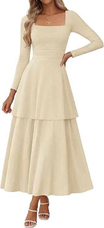 A model showcasing the apricot Lazysmile Women's Corset Long Sleeve Square Neck Ruffle Maxi Dress with a ruched waist and tiered skirt design against a clean studio background.