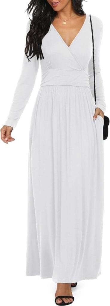 Best Stylish Dresses Under $40 to Refresh Your Wardrobe This Year 11 Front view of a model wearing a white LILBETTER long sleeve deep V-neck maxi dress with side pockets, showcasing versatile work-to-weekend styles and affordable dresses under $40.