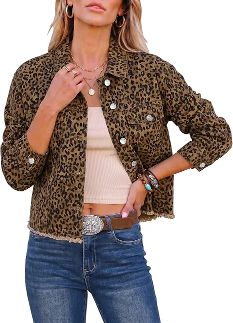 A fashion model wearing the brown cheetah luvamia Brown Cheetah Denim Jacket Fall Clothes for Women Long Sleeves Tops paired with dark jeans, perfect for showcasing an edgy fall casual aesthetics outfit.