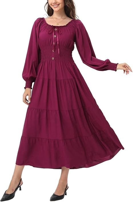 Best Stylish Dresses Under $40 to Refresh Your Wardrobe This Year 10 Front view of a model wearing the OSTOO purple casual long sleeve square neck smocked high waist flowy maxi dress, showcasing elegant fashion and affordable dresses under $40 for parties and special occasions.