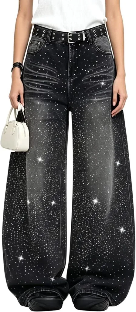 A fashion model posing in the black PEAINJ Sparkly Jeans for Women Baggy Barrel Rhinestone Denim Jeans styled with a chic top, perfect for showcasing an eye-catching casual aesthetics outfit.