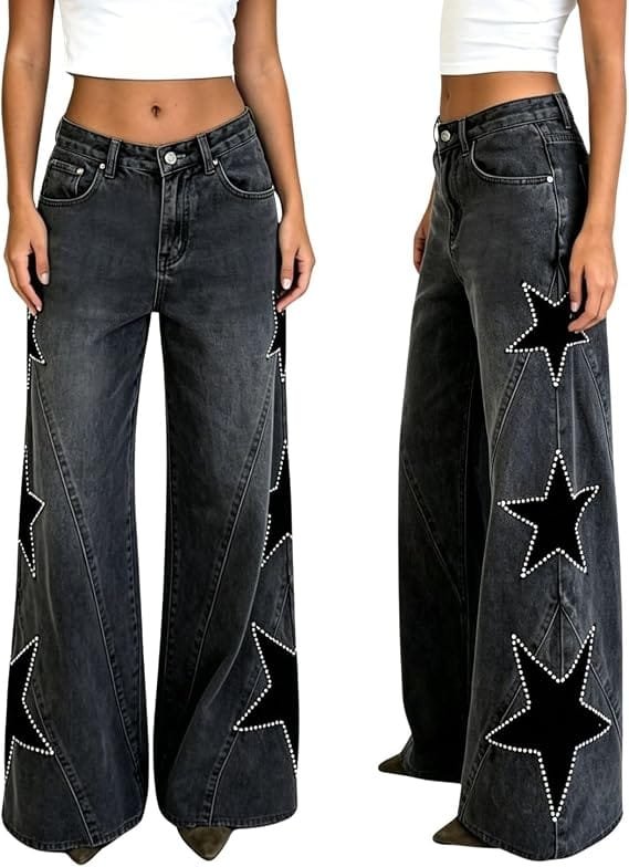A fashion model wearing the PEAINJ Star Jeans for Women Girls Baggy Pearl High Waisted Denim Pants in black-blue, styled with a fitted top to create a trend-setting casual aesthetics outfit.