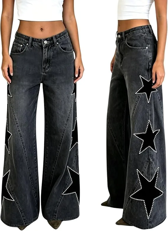 A fashion model wearing the PEAINJ Star Jeans for Women Girls Baggy Pearl High Waisted Denim Pants in black-blue, styled with a fitted top to create a trend-setting casual aesthetics outfit.