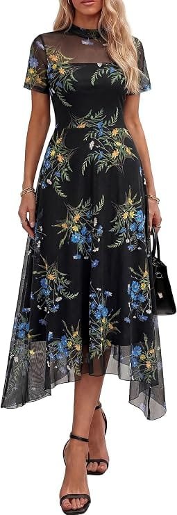 Best Summer Dresses 2026 You Need in Your Wardrobe 8 A model wearing the PRETTYGARDEN Women's Floral Mesh Midi Dress in floral black blue yellow, featuring a mock neck, short sleeves, and a semi-sheer mesh overlay for warm-weather fashion.