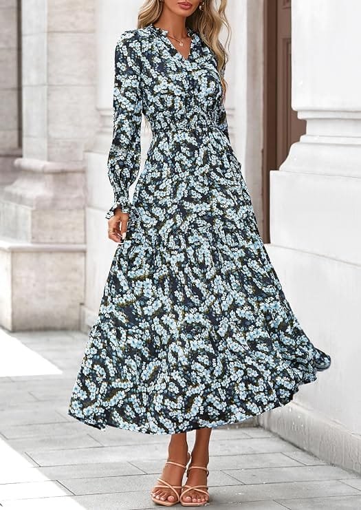 Best Stylish Dresses Under $40 to Refresh Your Wardrobe This Year 7 Front view of a model wearing a PRETTYGARDEN floral print long sleeve V-neck maxi dress with a smocked waist and ruffle tiered hem, showcasing elegant dresses under $40 for wedding guests and autumn vacation wear.
