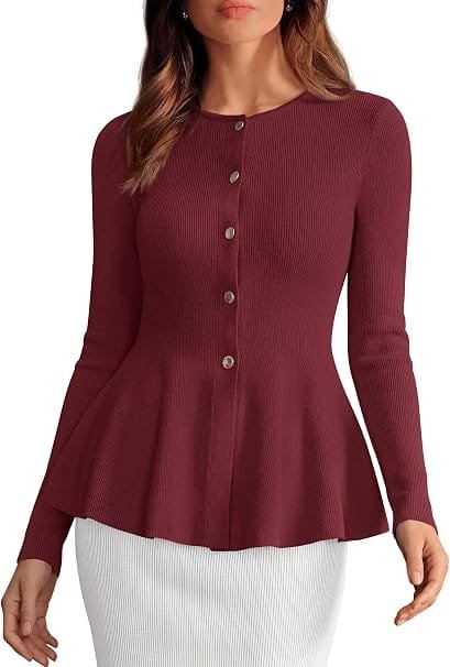 A fashion model wearing the burgundy PRETTYGARDEN Women's Fall Lightweight Cardigan Sweaters paired with a white skirt, highlighting a sophisticated fall casual aesthetics outfit.