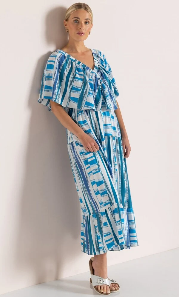 15 Stunning Trendy Summer Dresses Ideas To Elevate Your Style In 2026 6 A model wearing a blue Printed V-Neck Midaxi Dress featuring short wide sleeves and a V-neckline, styled for a casual summer day.