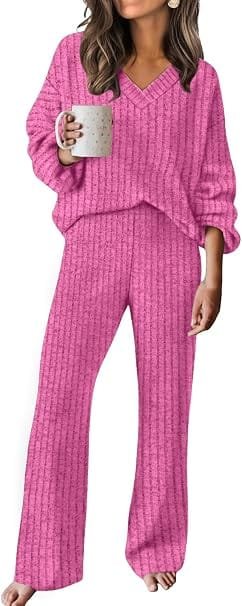 Best Stylish Dresses Under $40 to Refresh Your Wardrobe This Year 15 Front view of a model wearing the RUMIA fuchsia cozy travel matching sweater lounge set with a V-neck and wide-leg pants, highlighting quiet luxury airport outfits and affordable clothing under $40.