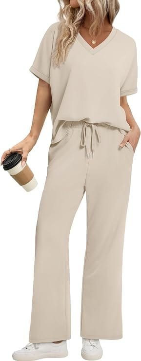 Best Stylish Dresses Under $40 to Refresh Your Wardrobe This Year 14 Front view of a model wearing the Sampeel beige V-neck turn-up sleeves top and wide-leg pants 2-piece lounge set, showcasing trendy airport travel outfits and affordable summer vacation clothes under $40.