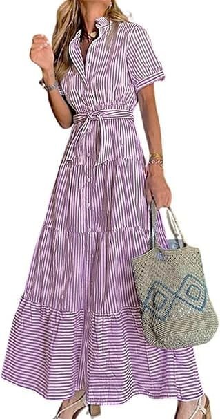 Best Stylish Dresses Under $40 to Refresh Your Wardrobe This Year 19 Front view of a model wearing the utcoco striped short sleeve button-down maxi shirt dress with a tie waist and ruffled hem, showcasing affordable summer dresses under $40.
