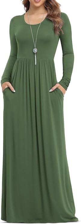 Best Stylish Dresses Under $40 to Refresh Your Wardrobe This Year 2 Full-length front view of a woman wearing a long-sleeve army green empire-waist casual maxi dress with side pockets, styled for autumn streetwear in the UK and USA.