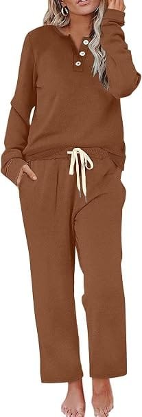 Best Stylish Dresses Under $40 to Refresh Your Wardrobe This Year 16 Front view of a model wearing a WIHOLL chocolate brown two-piece button-down sweatsuit lounge set with wide-leg pants and pockets, showcasing cozy airport travel outfits and affordable fall fashion under $40.