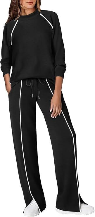 Best Stylish Dresses Under $40 to Refresh Your Wardrobe This Year 17 Front view of a model wearing the WIHOLL black 2-piece mock-neck lounge set with matching track suit pants and piping details, showcasing trendy airport travel outfits under $40.