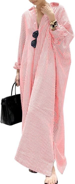 Best Stylish Dresses Under $40 to Refresh Your Wardrobe This Year 4 Full-length front view of a woman wearing a red-and-white striped cotton long-sleeve maxi shirt dress with pockets, styled for casual everyday streetwear and beach cover-ups in the UK and USA.