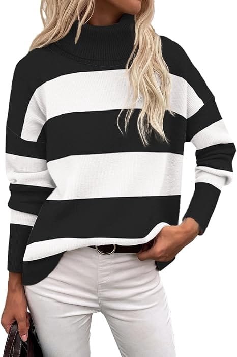 A fashion model wearing the Zeagoo Women's Turtleneck Sweater 2026 Fall Winter Chunky Knitted Pullover in black stripe with light jeans, perfect for crafting a cozy casual aesthetics outfit.