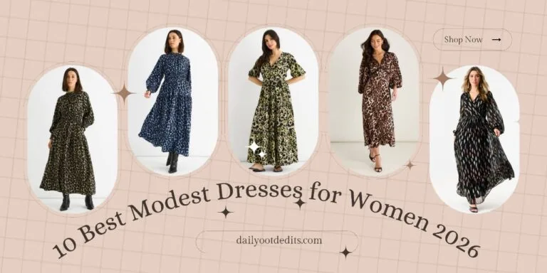 Collection of 10 best modest dresses for women in 2026 featuring elegant maxi and midi styles. Long Sleeve Midi Dress for Women