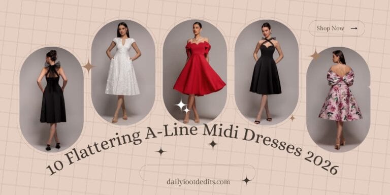 Collection of flattering A-line midi dresses for 2026 fashion trends