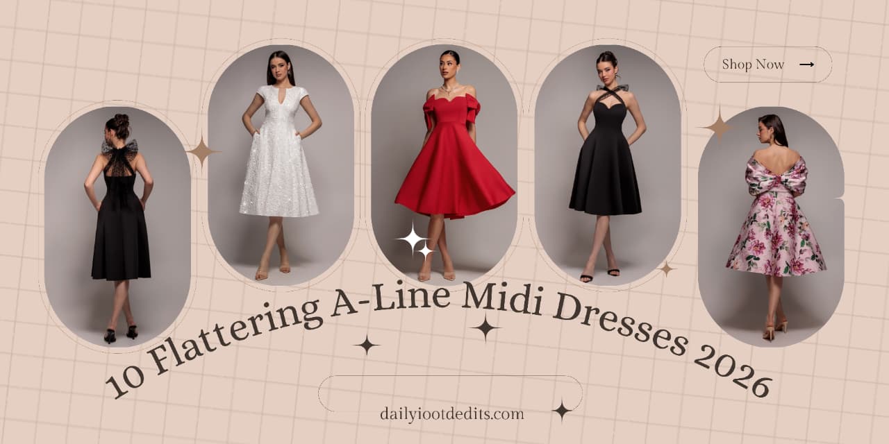 Collection of flattering A-line midi dresses for 2026 fashion trends